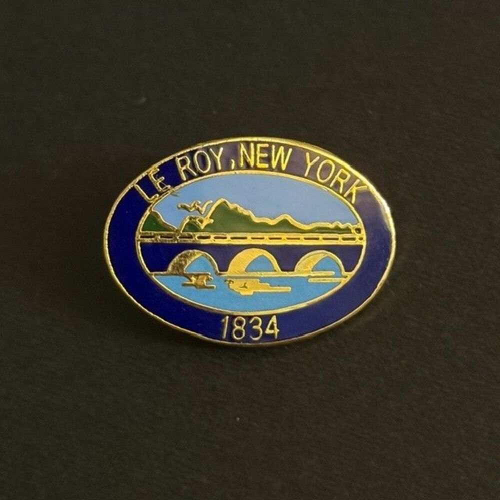 Vintage Le Roy New York NY 1834 Aqueduct Bridge Enamel Lapel Pin Souvenir